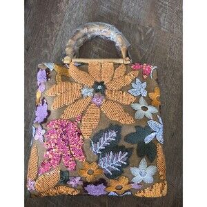Tan Multicolor Floral Sequin Embroidered Top Handle Bag Bamboo Women Rectangle